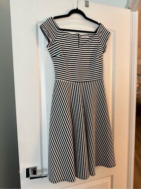 Black and White Vintage Style Striped Cap Sleeve Swing Dress